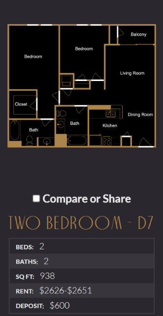Floor plan for 2 beds, 2 baths, 938 sqft